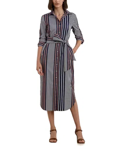 Ralph Lauren Gestreiftes Midikleid In Orange Lily,white
