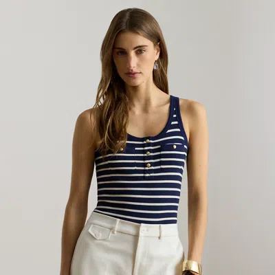 Ralph Lauren Striped Button-trim Rib-knit Tank Top In Blue