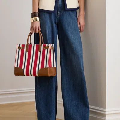 Ralph Lauren Striped Canvas Medium Devyn Tote Bag In Festive Red Stripe/tan In Multi