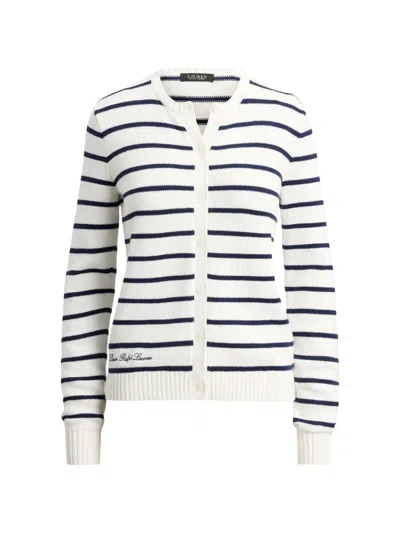 Ralph Lauren Knit Striped Ribbed Crew Neck Long Sleeve Button-front Cardigan In Multi