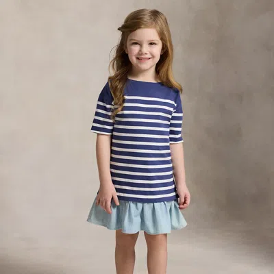 Ralph Lauren Kids' Striped Chambray-skirt Cotton Dress In Light Navy/deckwash White In Multi