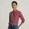 Ralph Lauren Striped Cotton Broadcloth Tie-neck Shirt In Brown