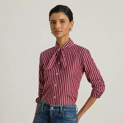 Ralph Lauren Striped Cotton Broadcloth Tie-neck Shirt In Brown