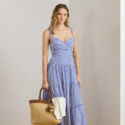 Ralph Lauren Striped Cotton Broadcloth Tiered Dress In Blue