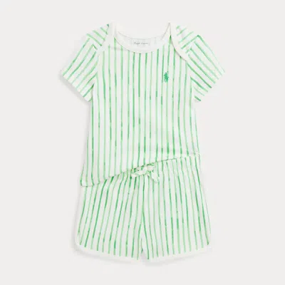 Ralph Lauren Babies' Striped Cotton Jersey Tee & Short Set In Green Irregular Stripe