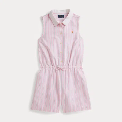 Ralph Lauren Kids' Striped Cotton Oxford Romper In Pink Blue Multi