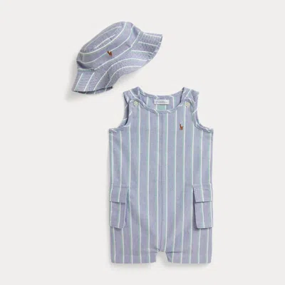 Ralph Lauren Babies' Striped Cotton Oxford Shortall & Hat In Blue Green Multi