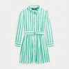 Polo Ralph Lauren Kids' Striped Cotton Poplin Belted Shirtdress In Green