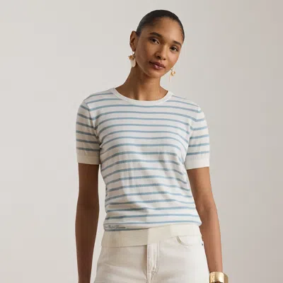 Ralph Lauren Striped Cotton Short-sleeve Sweater In White/blue Note