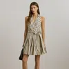 Ralph Lauren Striped Cotton Sleeveless Surplice Dress In Ivory Beige/black