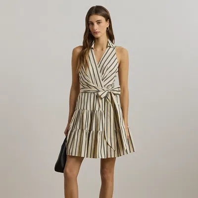 RALPH LAUREN STRIPED COTTON SLEEVELESS SURPLICE DRESS