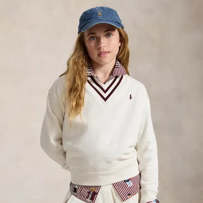Ralph Lauren Kids' Striped Fleece V-neck Sweatshirt In Nevis In White