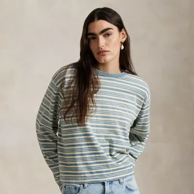 Ralph Lauren Striped Jersey Cropped Long-sleeve Tee In Soft Blue Multi