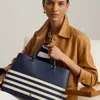 Ralph Lauren Striped Leather Large Hanna Satchel In Blue