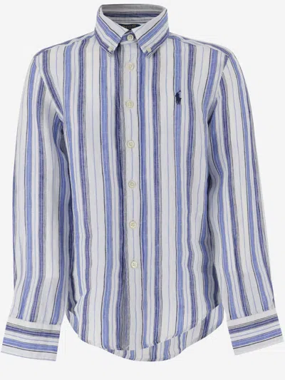 Ralph Lauren Kids' Striped Linen Logo Shirt In Blu