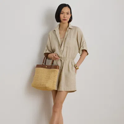 Ralph Lauren Striped Linen Roll-tab-sleeve Romper In Nude