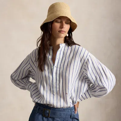 Polo Ralph Lauren Womens 2020 White-royal Striped Logo-embroidered Linen Shirt