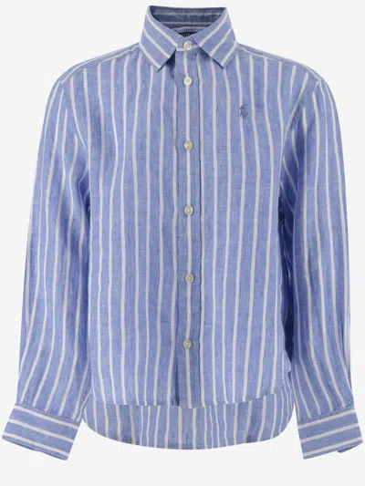 Ralph Lauren Kids' Striped Linen Shirt With Logo In Blu