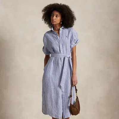 Ralph Lauren Striped Linen Short-sleeve Shirtdress In White Royal