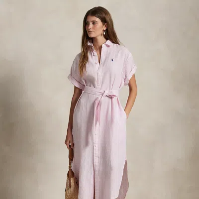 Ralph Lauren Striped Linen Short-sleeve Shirtdress In White/pink