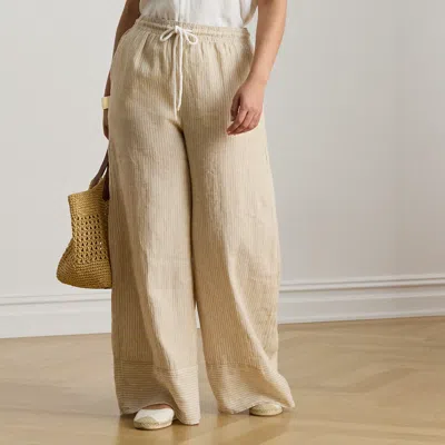Ralph Lauren Striped Linen Wide-leg Pant In Tan/white In Multi