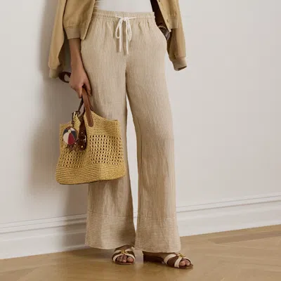 Ralph Lauren Striped Linen Wide-leg Pant In Tan/white In Multi