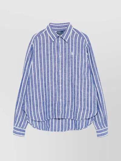 Ralph Lauren Striped Long Sleeve Cotton Shirt With Curved Hem In Purple
