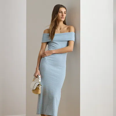 Ralph Lauren Striped Off-the-shoulder Midi Dress In Blue