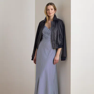 Ralph Lauren Striped Pleated Taffeta Sleeveless Gown In Blue