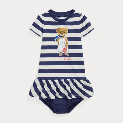 Ralph Lauren Babies' Striped Polo Bear Cotton Dress & Bloomer In Boat House Navy Stripe