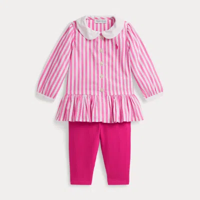 Ralph Lauren Babies' Striped Poplin Top & Jersey Legging Set In Desert Pink/white In Multi