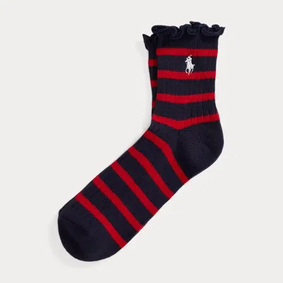 Ralph Lauren Striped Ruffled-cuff Ankle Socks In Blue