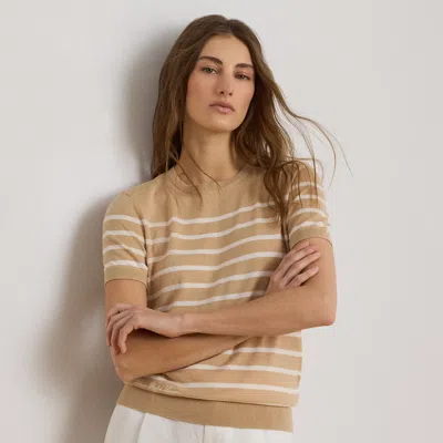 Ralph Lauren Striped Short-sleeve Sweater In Ginger Tan/cream In Brown