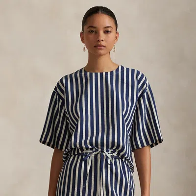 Ralph Lauren Striped Silk-blend Short-sleeve Shirt In Newport Navy/buttermilk