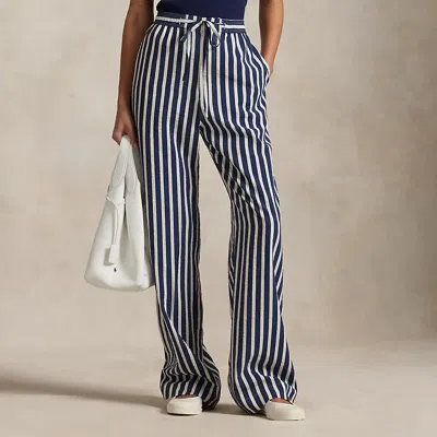 Ralph Lauren Striped Silk-blend Wide-leg Pant In C Newport Navy/cream