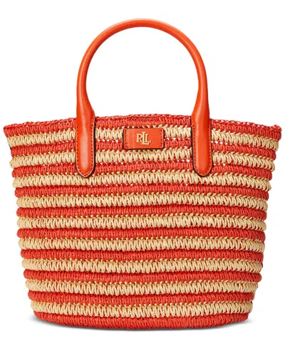 Ralph Lauren Striped Straw Brie Tote Bag In Orange