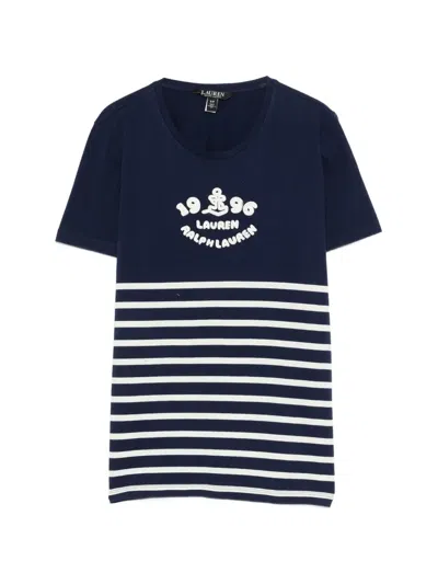 Ralph Lauren Womens Striped Embroidered Logo Crewneck T Shirt In Blue