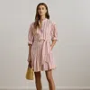 Ralph Lauren Striped Voile Blouson-sleeve Shirtdress In Rose Blush Multi