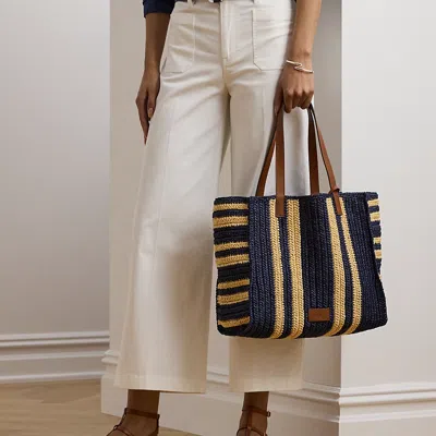 Ralph Lauren Striped Woven Straw Large Wilow Tote Bag In Refined Navy/lauren Tan
