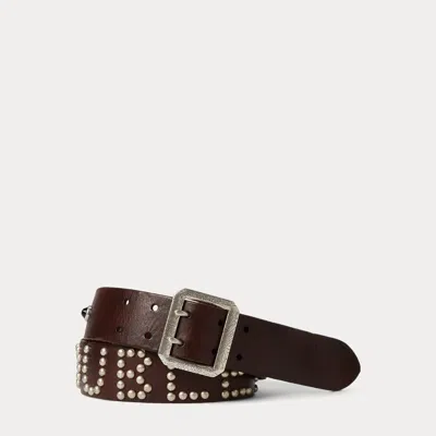 Ralph Lauren Studded-logo Leather Belt In Dark Brown In Neutral