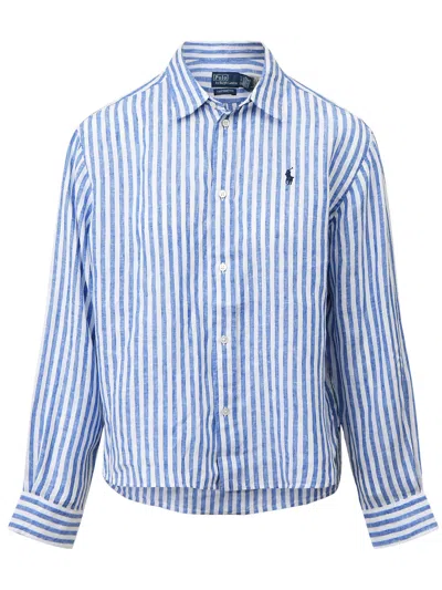 Ralph Lauren Stylish Striped Linen Shirt With Logo For Women In Blue