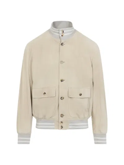 Ralph Lauren Purple Label Champegne Suede Bomber Jacket In Neutral