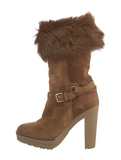 Pre-owned Ralph Lauren Suede Faux Fur Trim Slouch Boots In Brown