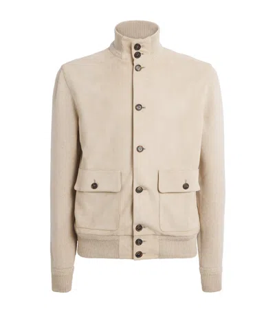 Ralph Lauren Suede-front Cashmere Cardigan In Neutral