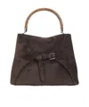 Ralph Lauren Structured Suede Bucket Bag With Bamboo Handle In Black