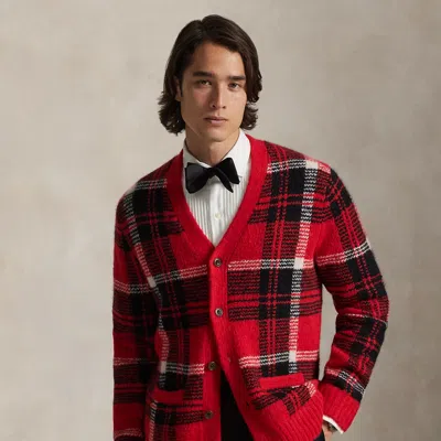 Ralph Lauren Suede-patch Plaid Wool-blend Cardigan In Red