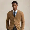 Ralph Lauren Suede-patch V-neck Cardigan In Brown Sugar Melange