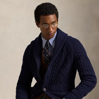 Ralph Lauren Suede-patch Wool-alpaca Cardigan In Blue