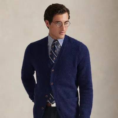 Ralph Lauren Suede-patch Wool-blend Cardigan In Blue