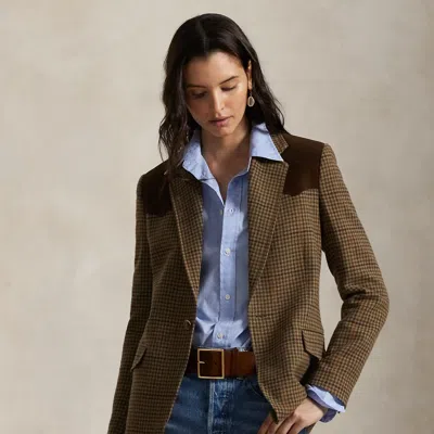 Ralph Lauren Suede-trim Plaid Wool Blazer In Brown
